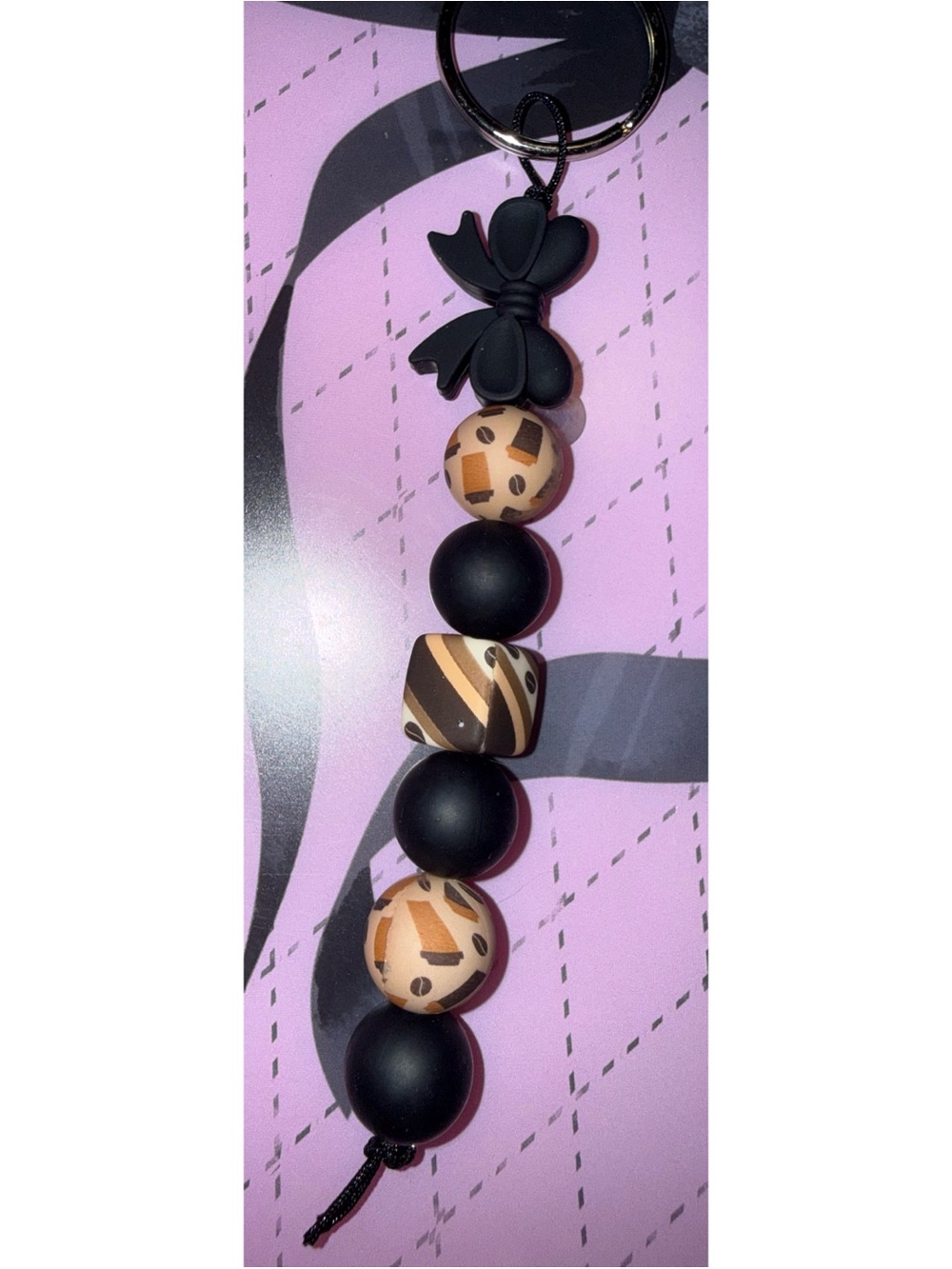 Black and Tan Beaded Bow Keychain Pendant